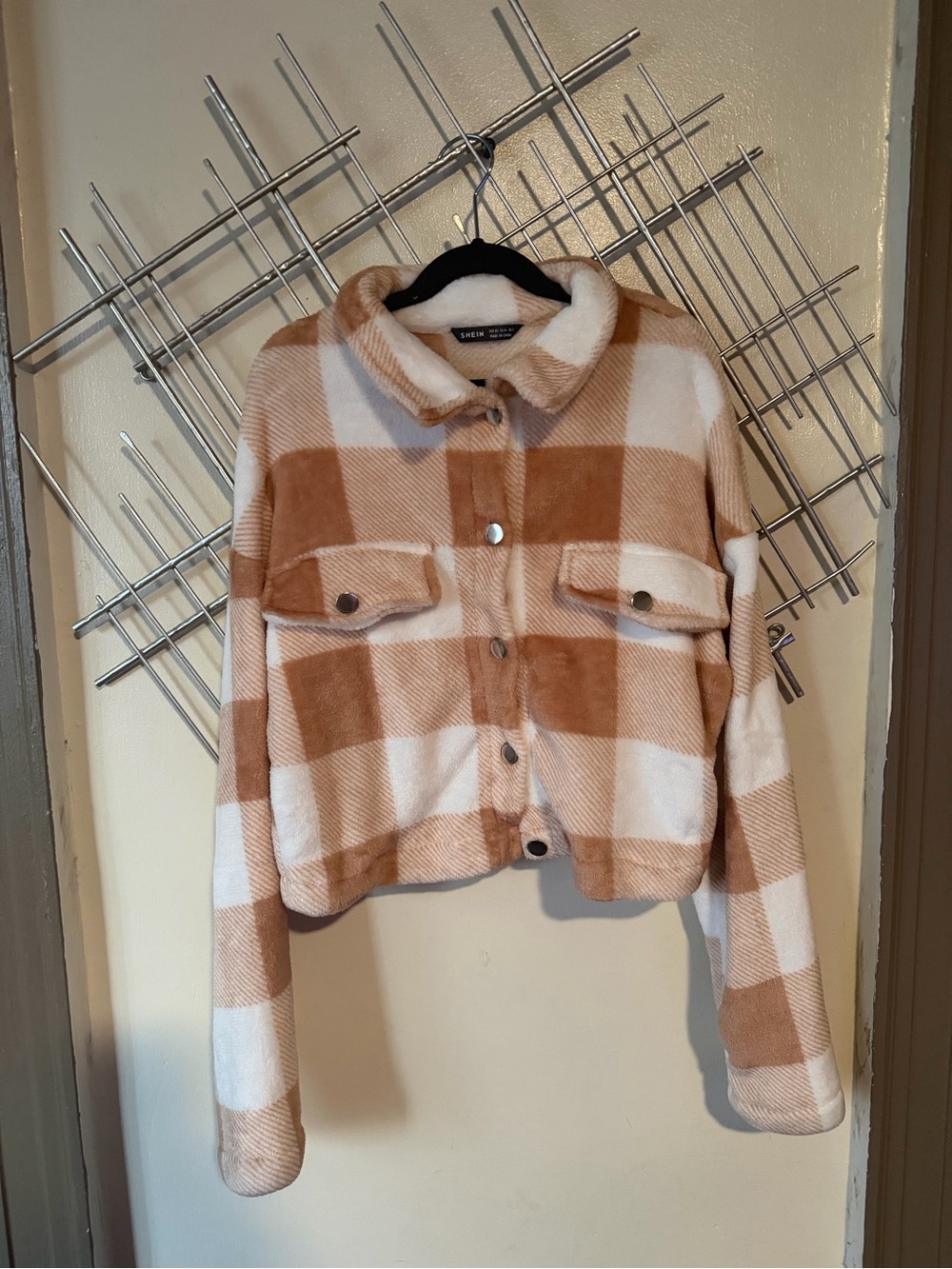 SHEIN Cream and Tan Plaid Teddy Shacket